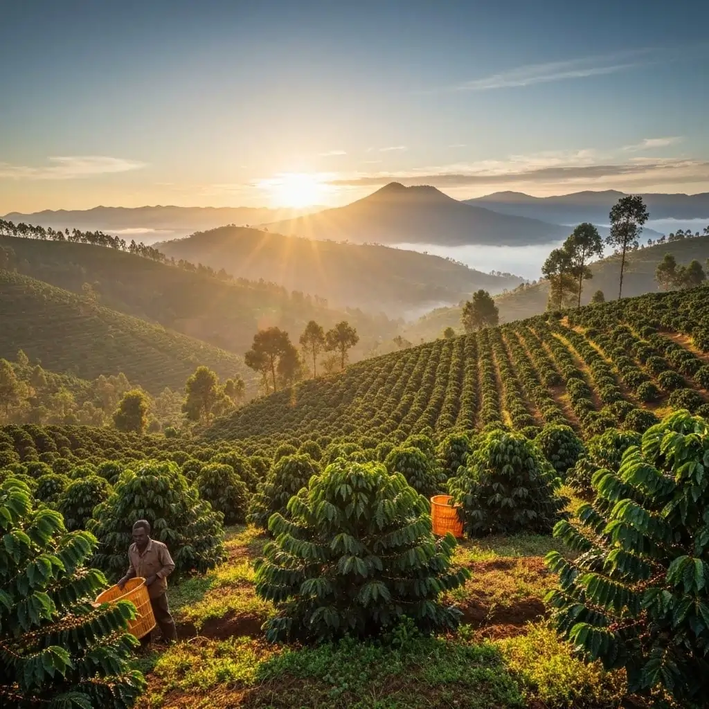 Ethiopian coffee plantation at sunrise with mountains in the background