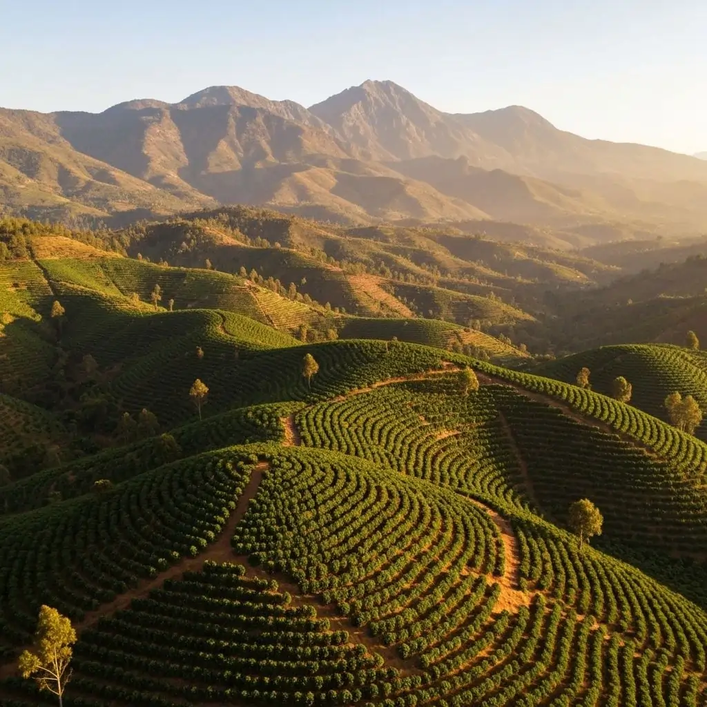 Ethiopian coffee landscape with mountains and coffee plants