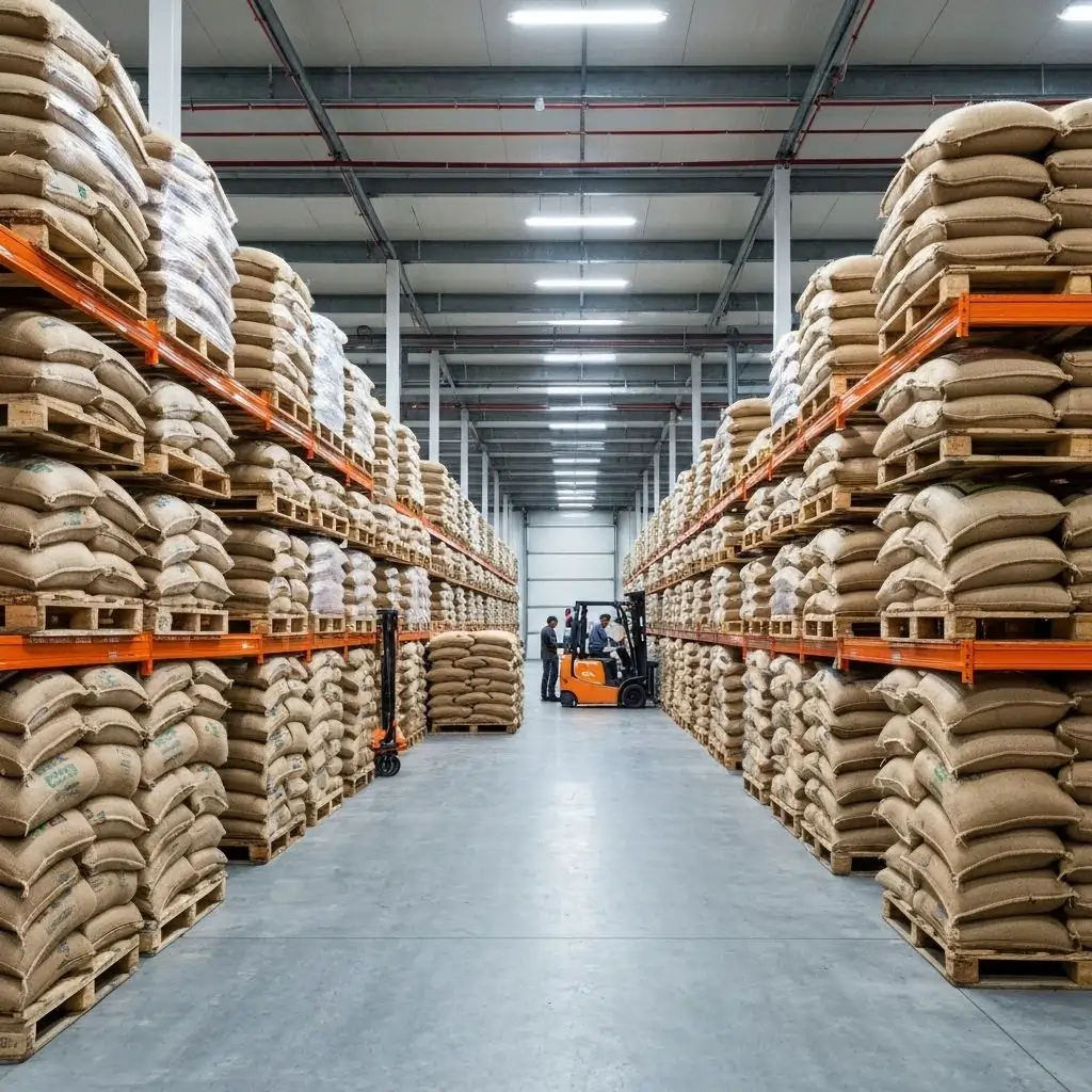 Climate-controlled warehouse with palletized coffee storage